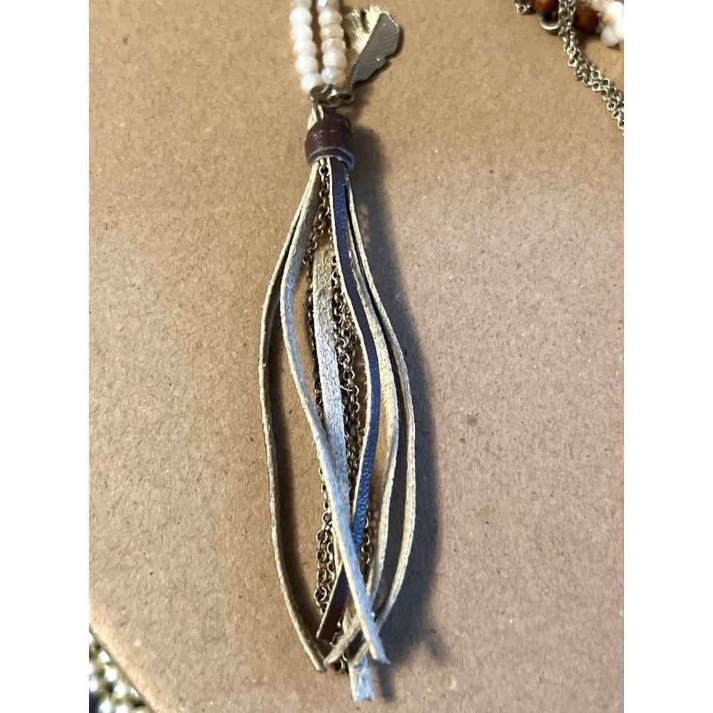 Crave Genuine Cream Fire Glass Beads & Leather & Wood Necklace